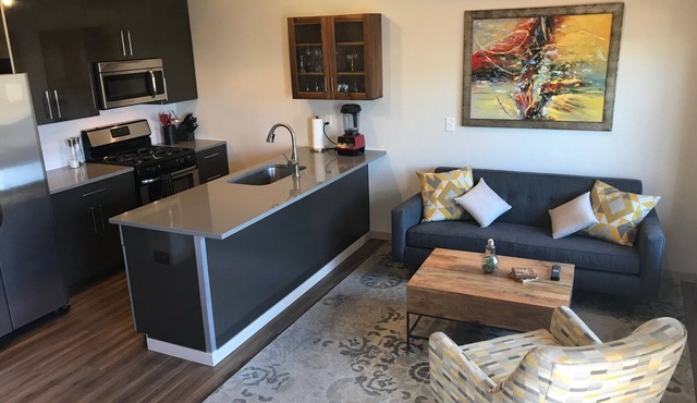 Condo with deck facing the mountain, bike path and restaurant across the street, 5 min driving from down town