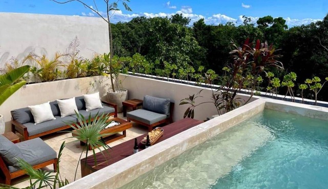 Your oasis awaits at our luxury penthouse-100% private rooftop with plunge pool, stunning views, 2 additional shared pools on the ground floor and a building elevator just outside the front door. FREE extras, backup generator and water softener.